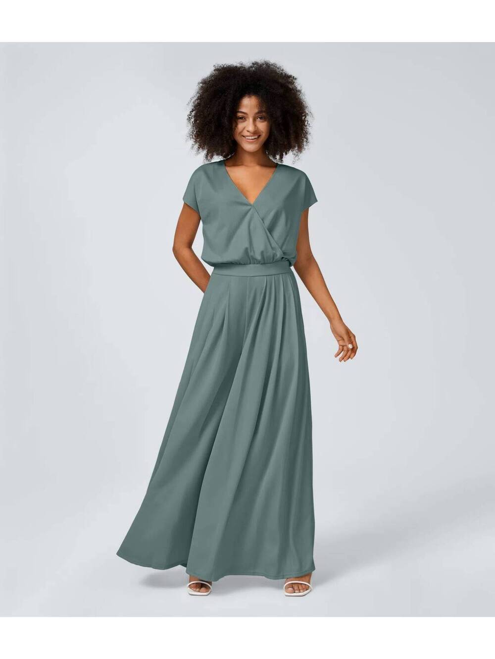 HALARA V Neck Short Sleeve Side Pocket Wide Leg Flowy Waffle Jumpsuit Size [S]